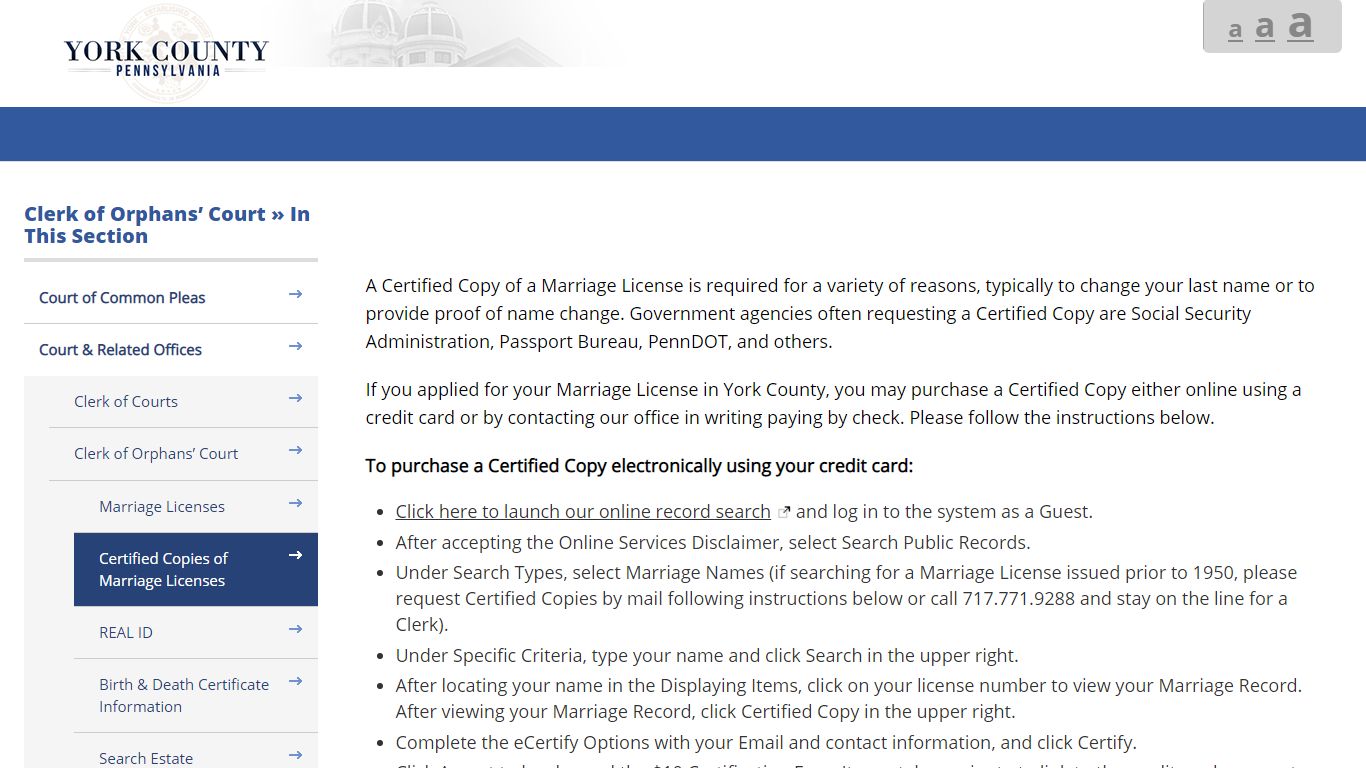 Certified Copies of Marriage Licenses - York County, Pennsylvania